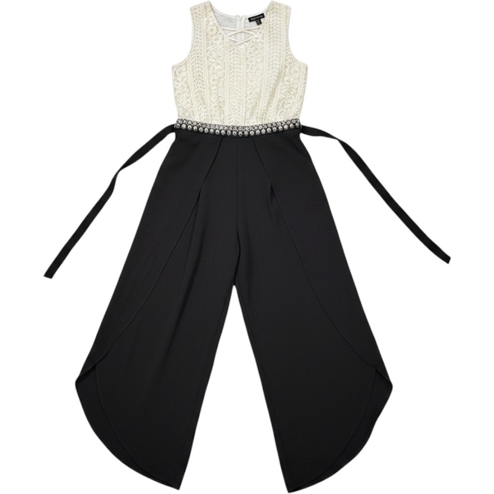 Hearts of Palm Jumpsuit 10 Girls White Lace Black Wide‎ Leg Embellished Formal